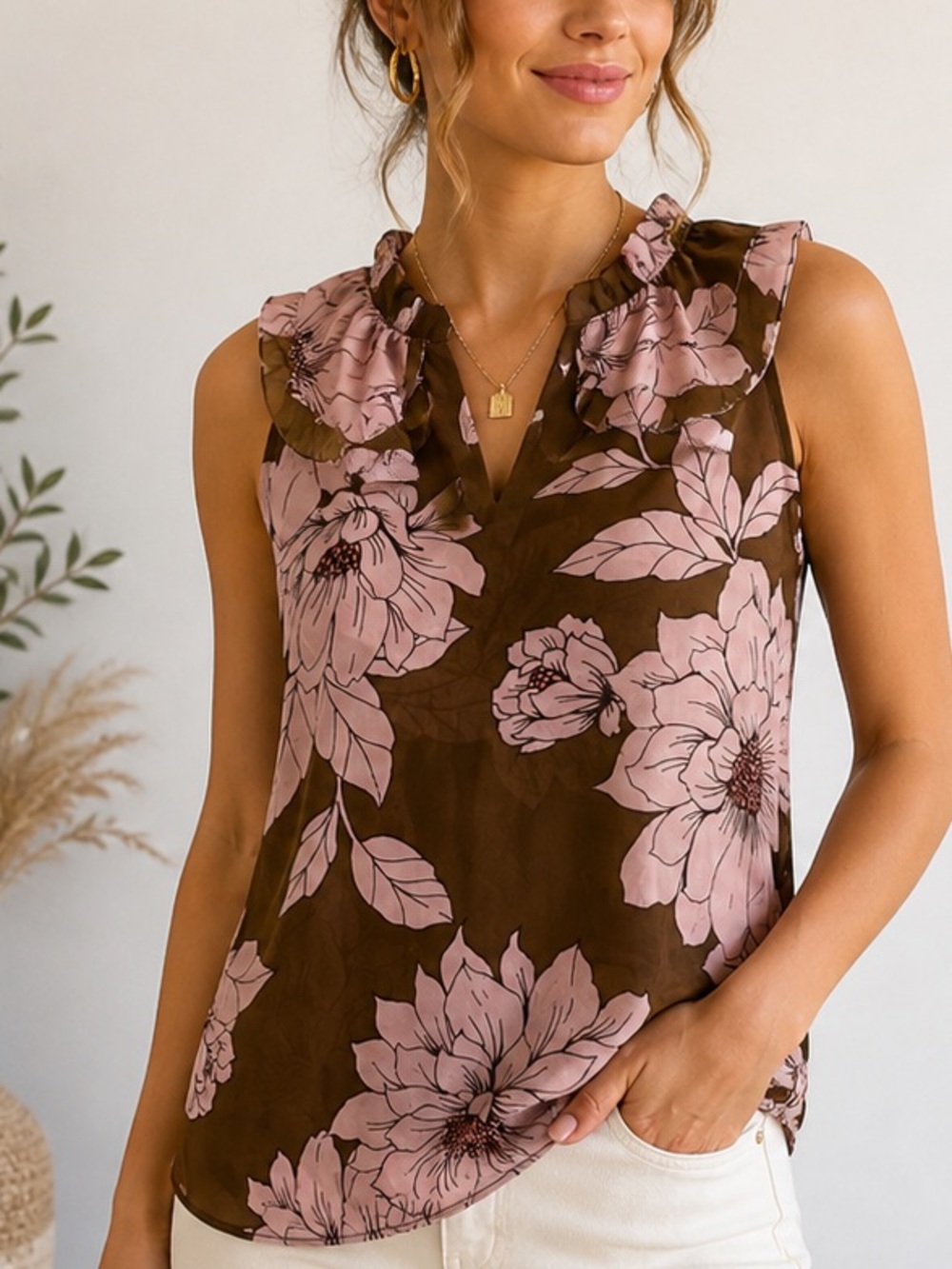 CAbi Brown Sleeveless Floral Ruffle-Neck Blouse with Pink Flowers